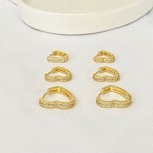 Brinco Kit Trio de Argolas de Coração Cravejadas de Zirconias - Semijoia Banhada a Ouro 18k