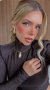 Conjunto Gota Grande Lisa -  Aro com Pingente  e  Brinco de Aprox. 4,5cm  - Semijoia Banhada a Ouro 18K
