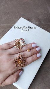 Brinco Flor Frontal Vazada Dois em Um- Banhado a Ouro 18K - Semijoia