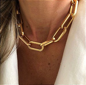 Colar Elo Grande Retangular - Chocker Correntaria  - Semijoia Banhada Ouro 18 K