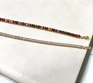 Pulseira Riviera Cravejada em Zirconia Baguete de 4,5mm de Largura na Cristal  ou Coloridas - Semijoia Banhada a Ouro 18K
