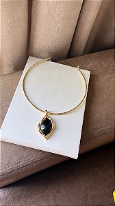 Colar/ Chocker /Gargantilha/ Aro Fino Liso Com Pingente Resina Preto - Semijoia Banhada Ouro 18 K