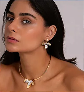 Conjunto Folhas Pequenas Duo - Colar Aro Chocker e Brinco Pequeno Folha - Semijoia Banhada a Ouro 18K e a Prata 925