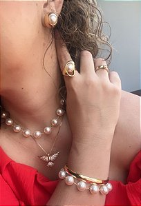 Conjunto de Colar e Pulseira Perolas Media de 10mm - Chocker - Semijoia Banhada a Ouro 18K