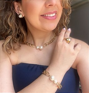 Conjunto Duas Perolas Com Corrente - Colar/Chocker e Pulseira - Semijoia Banhada a Ouro 18K
