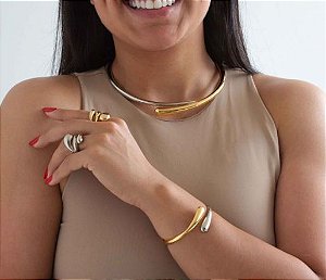 Anel Sandra Duas Gotas e Linha de Onda Central- Semijoia Banhada a Ouro 18k e a Rodio