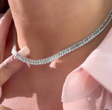 Colar Choker Riviera Cristal Baguete 4mm -  Semijoia Banhada no Ouro 18k ou Prata