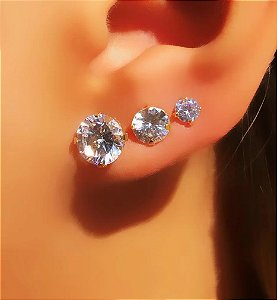 Brinco - Kit Trio de Ponto de Luz Redondo / Zircônia Cravejada - Semijoia de Luxo Banhado Ouro 18k