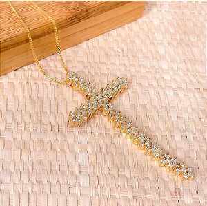 Colar Cruz Cravejado em Zircônias Cristal - Banhado a ouro 18K - Semijoias
