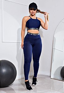 Conjunto Fitness Calça Legging Cintura Alta + Cropped Alcinha Marinho com Elásticos