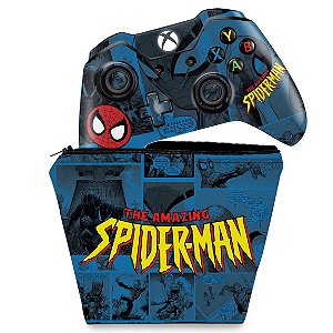 KIT Capa Case e Skin Xbox One Fat Controle - Homem-Aranha Spider-Man Comics
