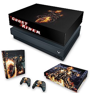 KIT Xbox One X Skin e Capa Anti Poeira - Ghost Rider - Motoqueiro Fantasma #A