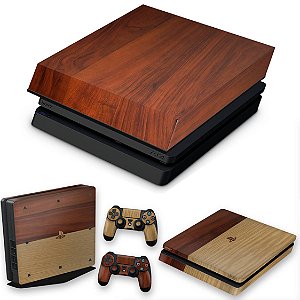 KIT PS4 Slim Skin e Capa Anti Poeira - Textura Madeira