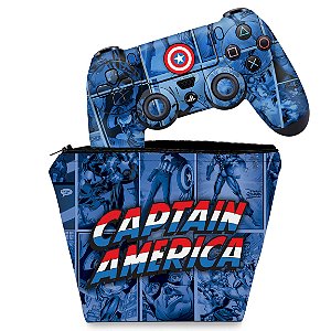 KIT Capa Case e Skin PS4 Controle  - Capitão América Comics