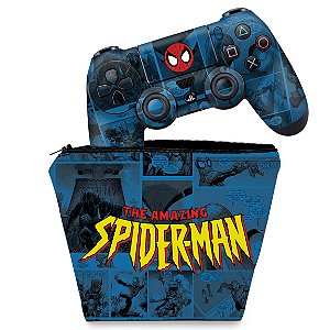 KIT Capa Case e Skin PS4 Controle  - Homem-Aranha Spider-Man Comics