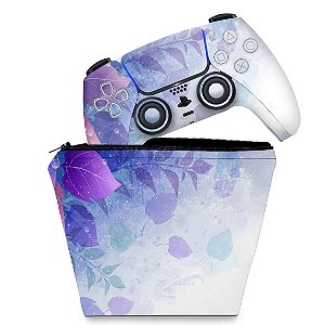 KIT Capa Case e Skin PS5 Controle - Folhas Lilás