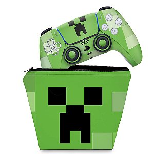 KIT Capa Case e Skin PS5 Controle - Creeper Minecraft