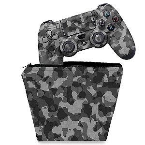 KIT Capa Case e Skin PS4 Controle  - Camuflagem Cinza