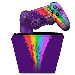 KIT Capa Case e Skin PS4 Controle - Rainbow Colors Colorido