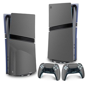 Skin PS5 Pro Vertical - Fibra de Carbono Cinza Grafite
