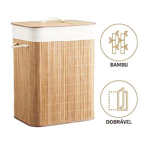 Cesto De Bambu Retangular 72L Com Tampa Forrado B-Max BM-F1102