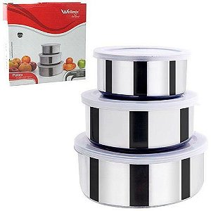 Kit Utensílios 3 Potes de Inox Redondo com Tampa