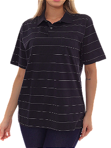 Camisa Polo Feminina Oversized Listrada Preta
