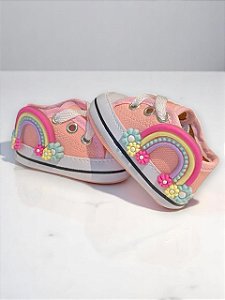 Tênis de bebê menina Starzinho Arco Íris e Estrelinha (Jeans) Tamanho:16;Cor:Ros