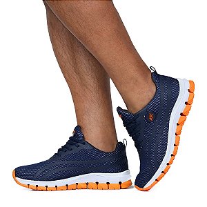 Tênis Unissex Esportivo Marinho Caminhada Sola Laranja