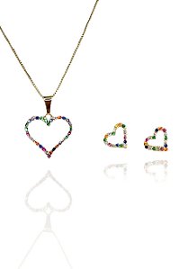 Conjunto Corações com Zircônia Colorida Banhado em Ouro 18k