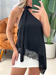 Bata em Crepinho Assimétrica com Renda e Amarração Eliene Ref. 1928