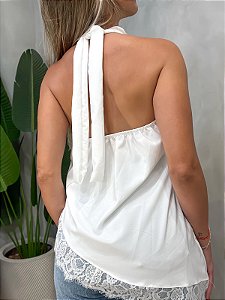 Bata em Crepinho Assimétrica Frente Única com Renda e Amarração Rose Ref. 1928
