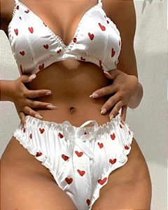 Conjunto Retrô em Cetim  Corações sem bojo