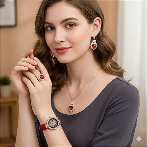 Conjunto Vintage de Relógio, Colar ,Brincos e Anel Coração