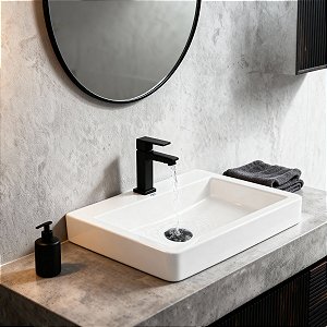 Kit Cuba Pia Louça Cerâmica Banheiro C/ Torn e Vál Preta S07