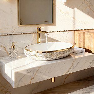 Kit Cuba Pia Louça Cerâmica Banheiro C/ Torn e Válv Dourado