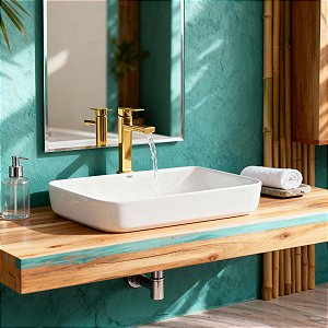 Kit Cuba Pia Louça Cerâmica Banheiro C/ Torn e Vál Dourada 1