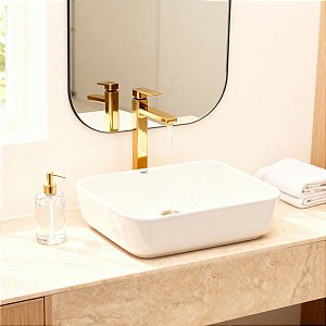 Kit Cuba Pia Louça Cerâmica Banheiro C/ Torn e Vál Dourada 3