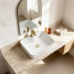 Kit Cuba Pia Louça Cerâmica Banheiro C/ Torn e Vál Dourada 5