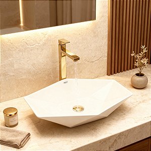 Kit Cuba Pia Louça Cerâmica Banheiro C/ Torn e Vál Dourada 8