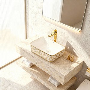 Kit Cuba Pia Louça Cerâmica Banheiro C/ Torn e Vál Dourada 9