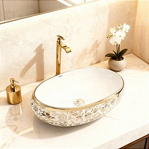 Kit Cuba Pia Louça Cerâmica Banheiro Dourado C/ Torn e Válv