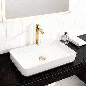 Kit Cuba Pia Louça Cerâmica Banheiro C/ Torn e Vál Dourada 2