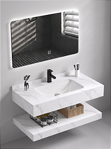 Bancada de Porcelanato c/ Cuba de Cerâmica + Espelho com Led