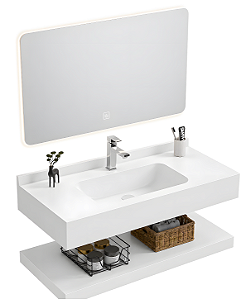 Bancada de Porcelanato c/ Cuba de Cerâmica + Espelho com Led