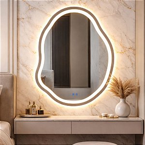Espelho LED Orgânico Touch 3 Cores de Luz Com Desembaçador e Display Digital 80X60 cm Bivolts 110V/220V