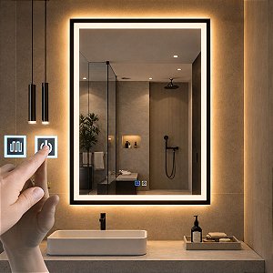 Espelho Led Para Banheiro Retangular Touch 3 Cores de Luz Com Desembaçador e Display Digital 80x60 cm Bivolts 110V /220V
