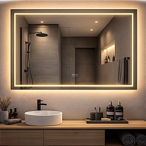 Espelho LED Retangular Touch 3 Cores de Luz Com Desembaçador e Display Digital 60x80 cm Bivolts