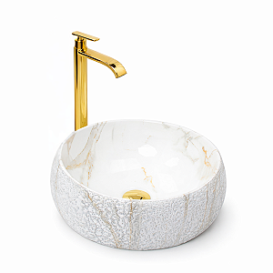 Kit Cuba Pia Louça Cerâmica Banheiro C/Torn e Vál Dourada 101