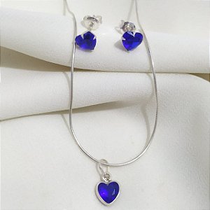 Conjunto brinco + pingente coração azul royal prata 925